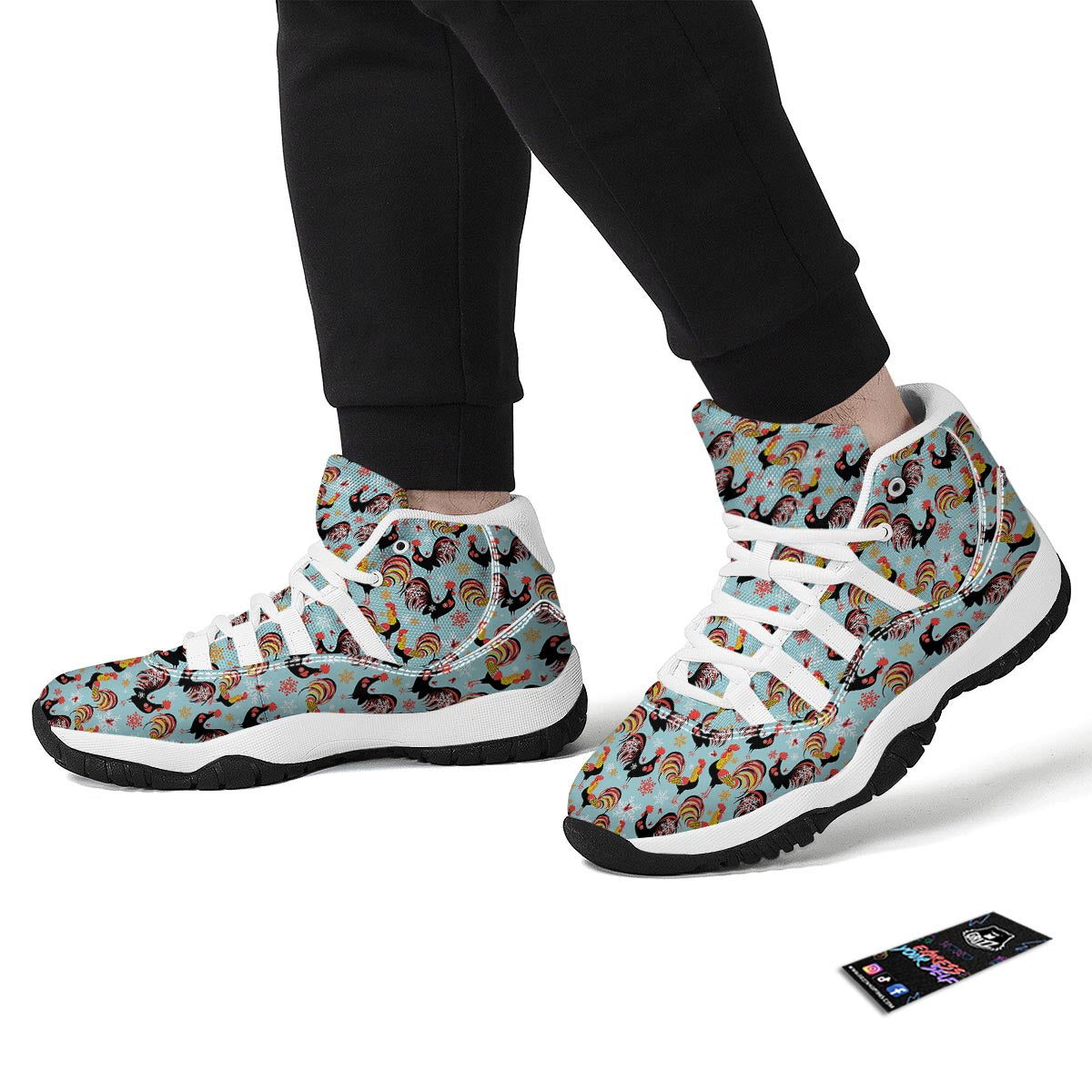 Rooster Blue Pattern Print White Bball Shoes-grizzshop