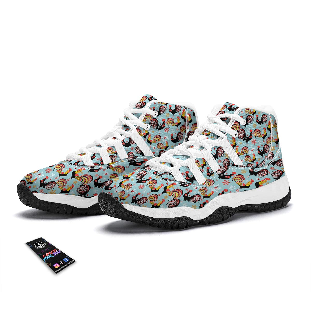 Rooster Blue Pattern Print White Bball Shoes-grizzshop