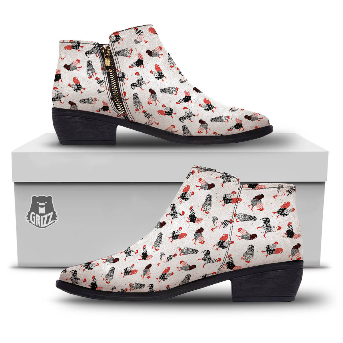 Rooster Chinese Print Pattern Ankle Boots-grizzshop