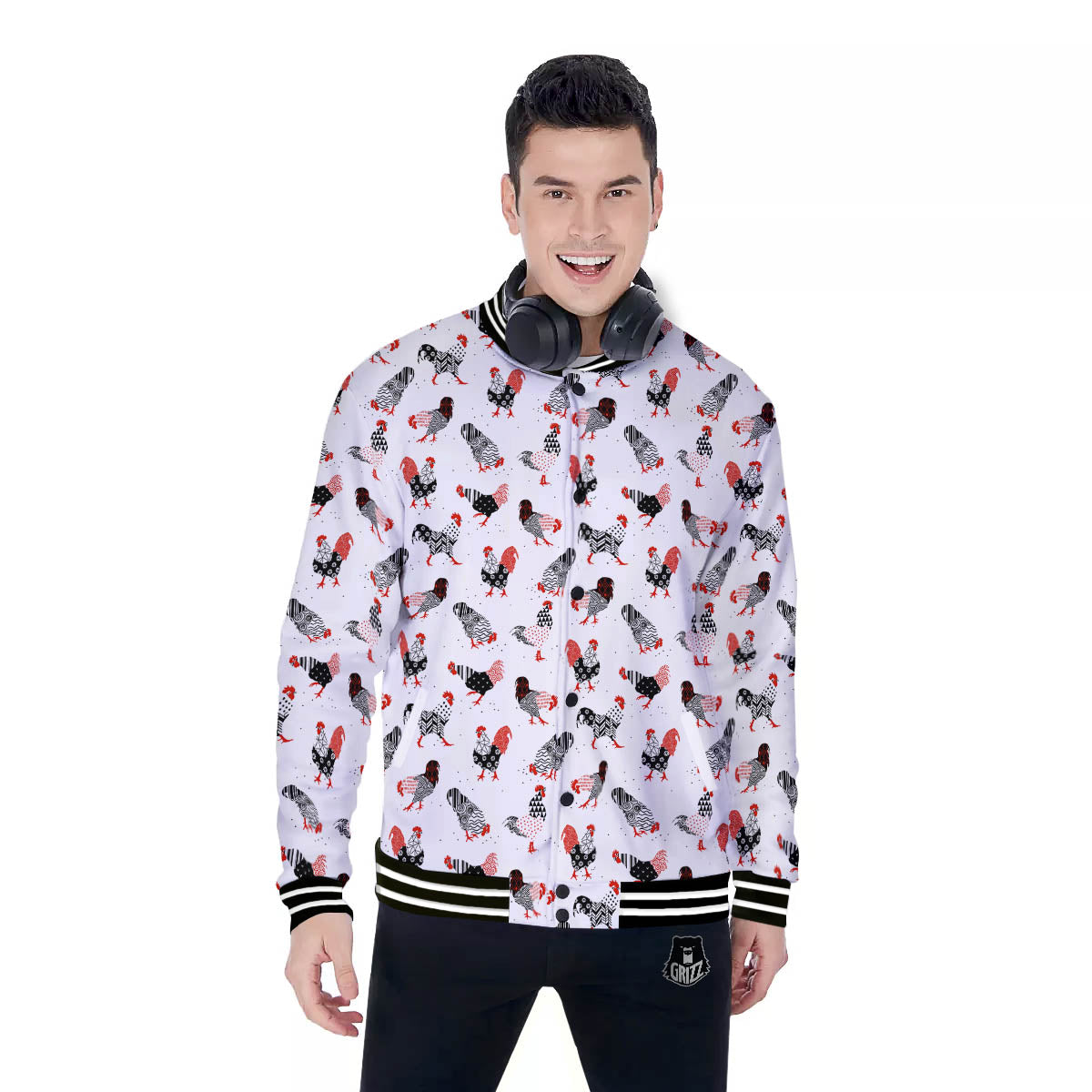 Rooster Chinese Print Pattern Baseball Jacket-grizzshop