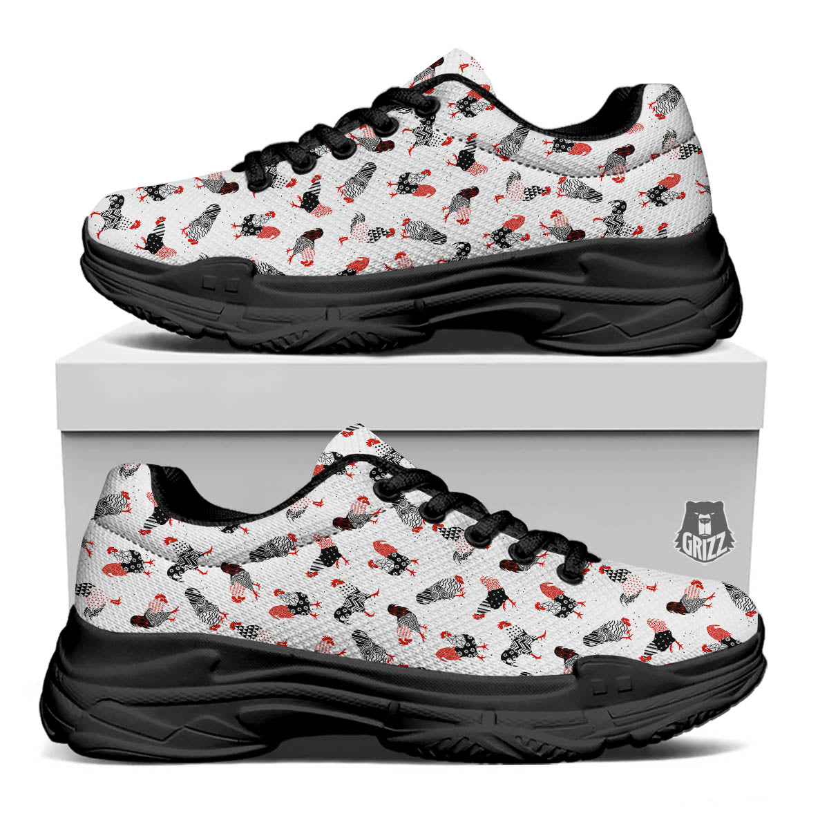 Rooster Chinese Print Pattern Black Chunky Shoes-grizzshop