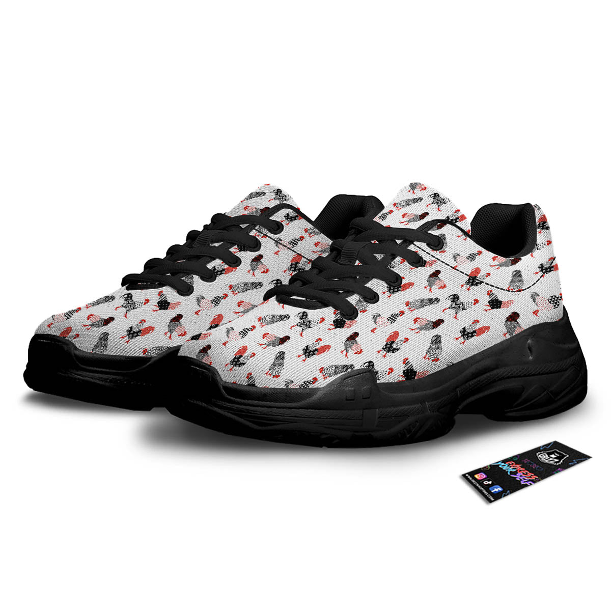 Rooster Chinese Print Pattern Black Chunky Shoes-grizzshop