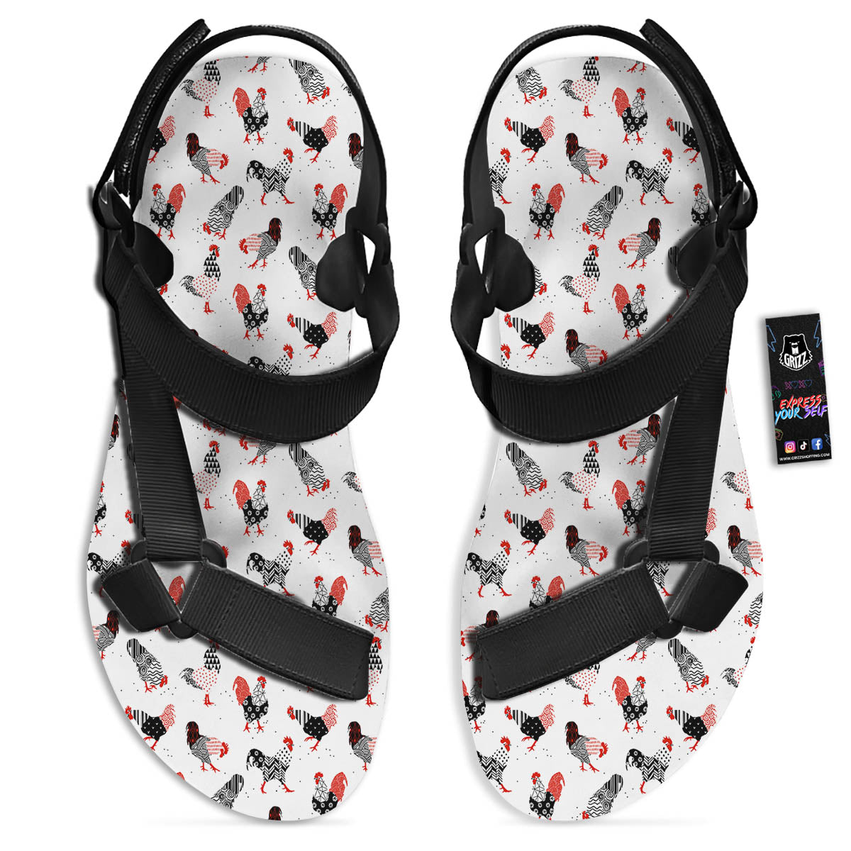 Rooster Chinese Print Pattern Black Open Toe Sandals-grizzshop