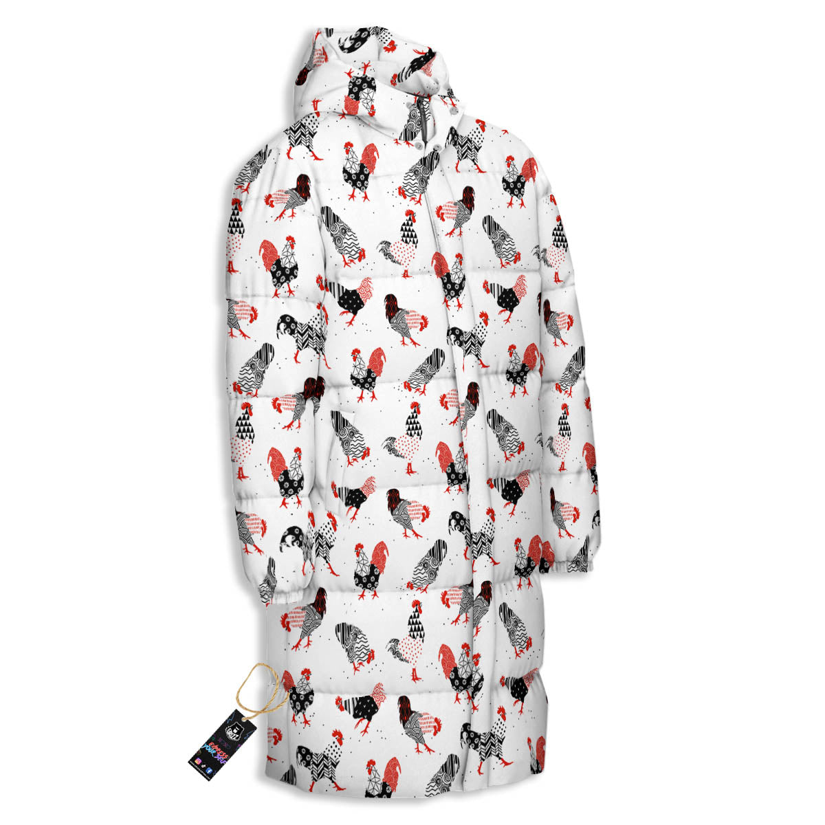 Rooster Chinese Print Pattern Long Down Jacket-grizzshop