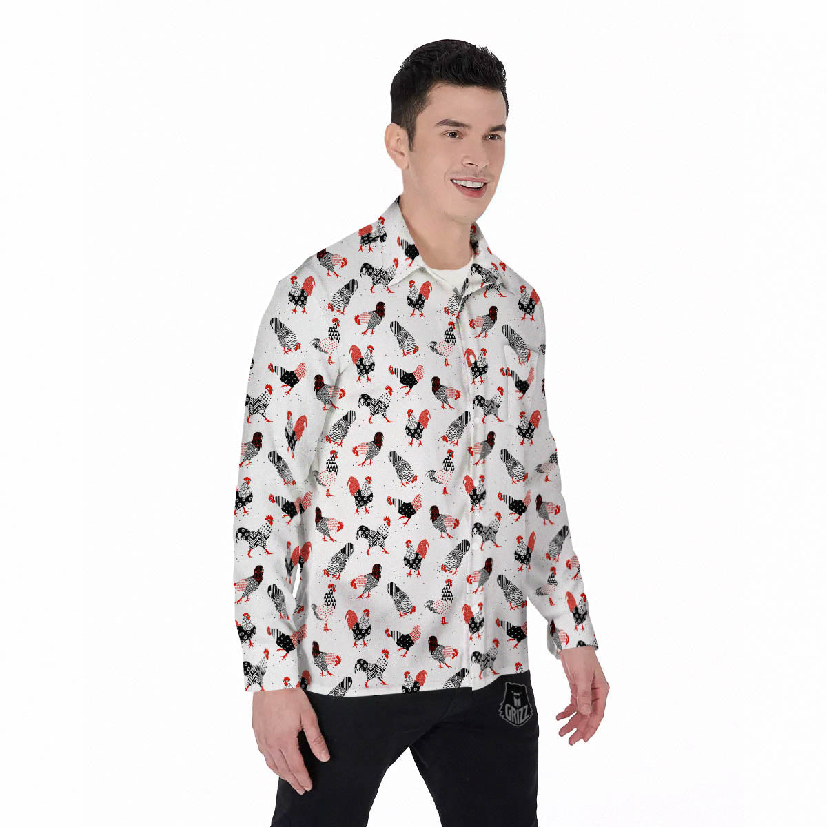 Rooster Chinese Print Pattern Men's Long Sleeve Shirts-grizzshop