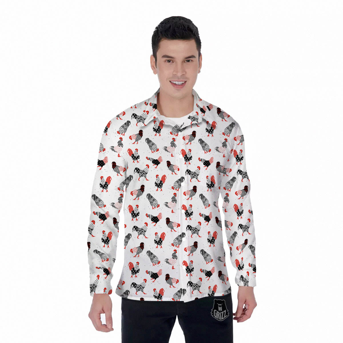 Rooster Chinese Print Pattern Men's Long Sleeve Shirts-grizzshop