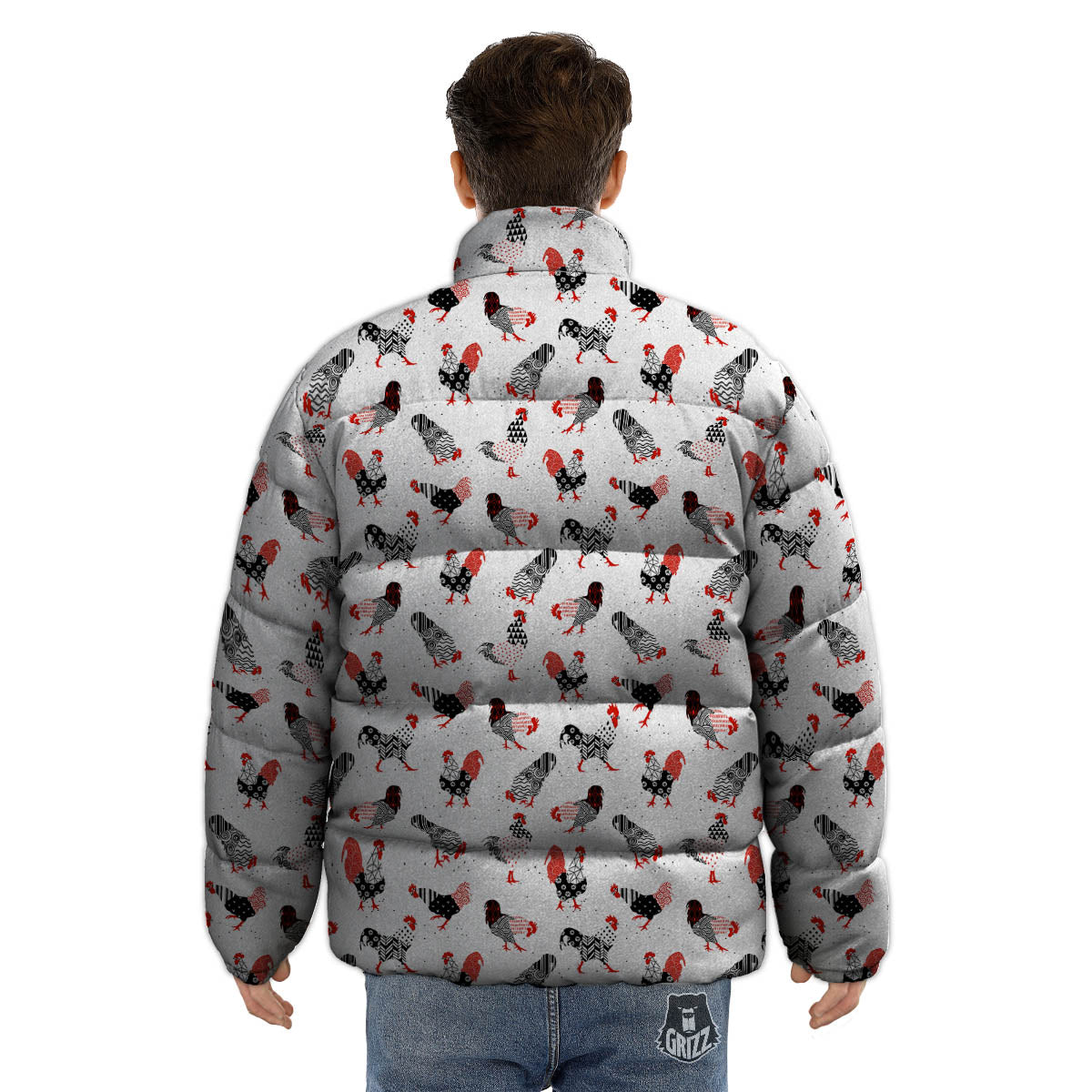 Rooster Chinese Print Pattern Puffer Jacket-grizzshop
