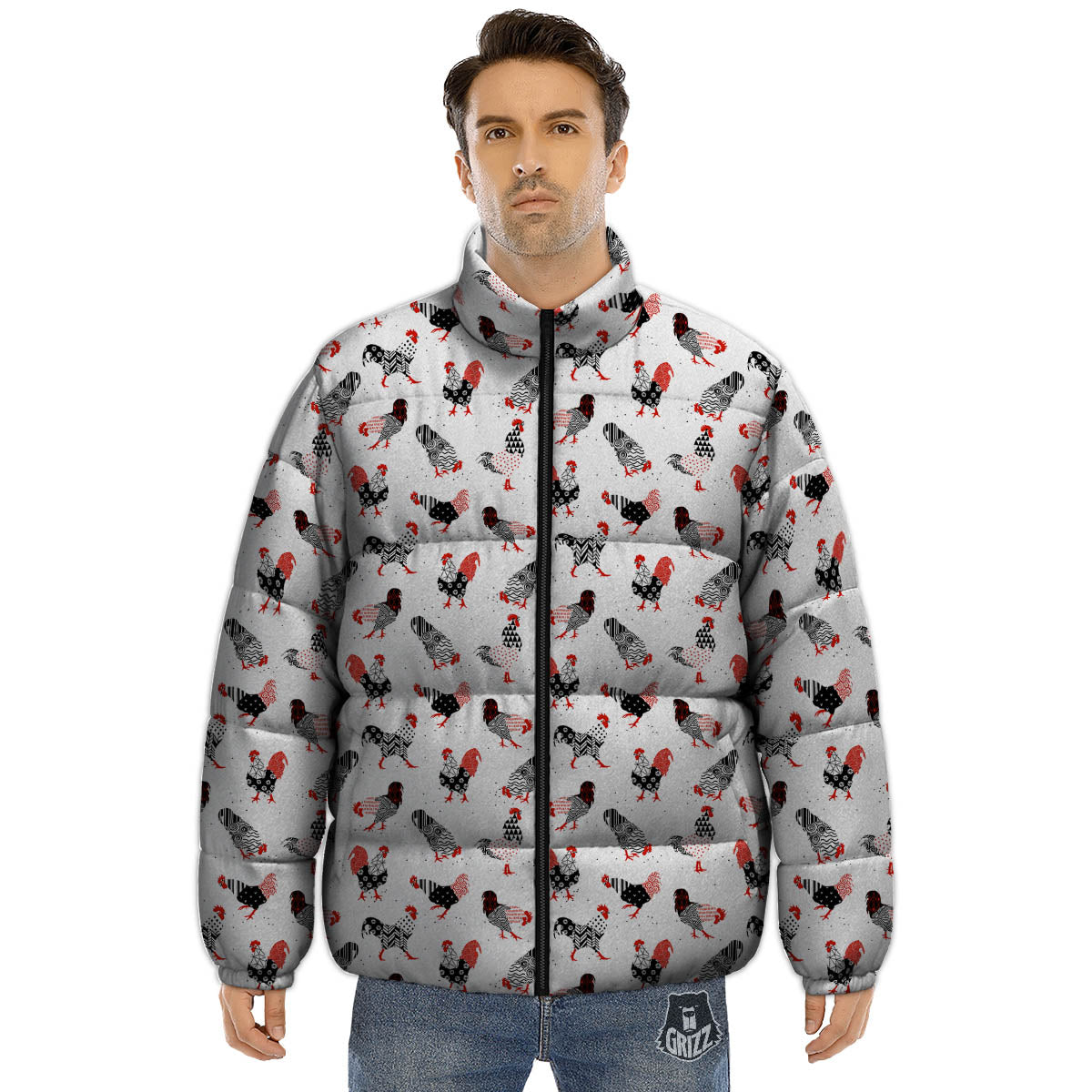 Rooster Chinese Print Pattern Puffer Jacket-grizzshop