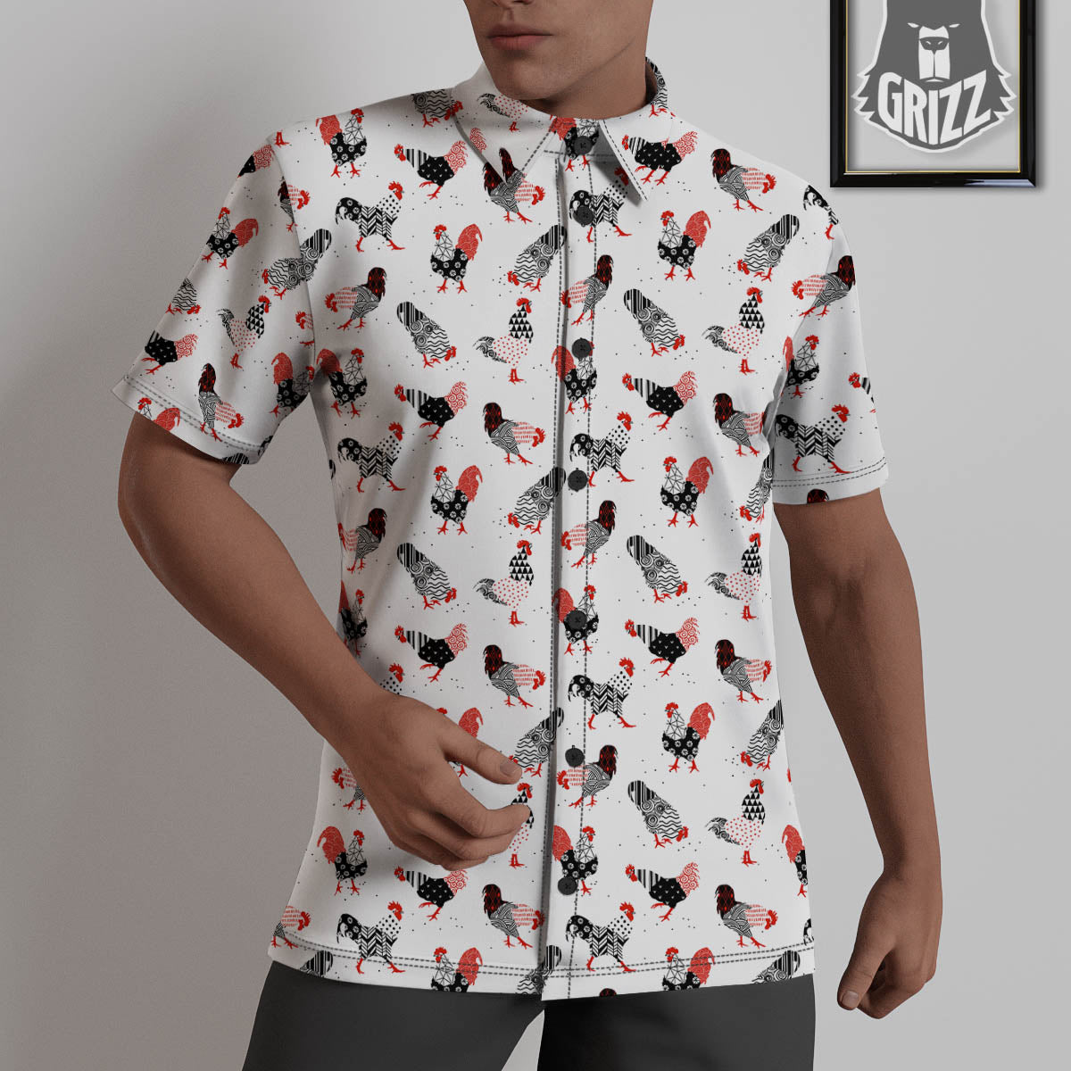 Rooster Chinese Print Pattern Untucked Shirts-grizzshop