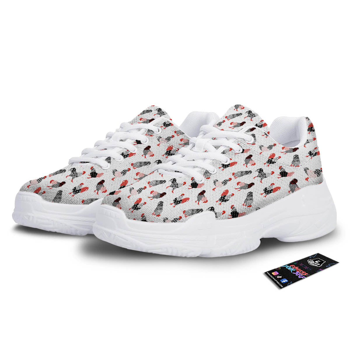 Rooster Chinese Print Pattern White Chunky Shoes-grizzshop