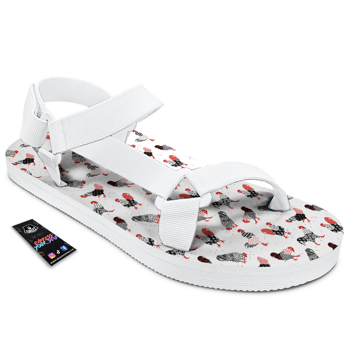 Rooster Chinese Print Pattern White Open Toe Sandals-grizzshop