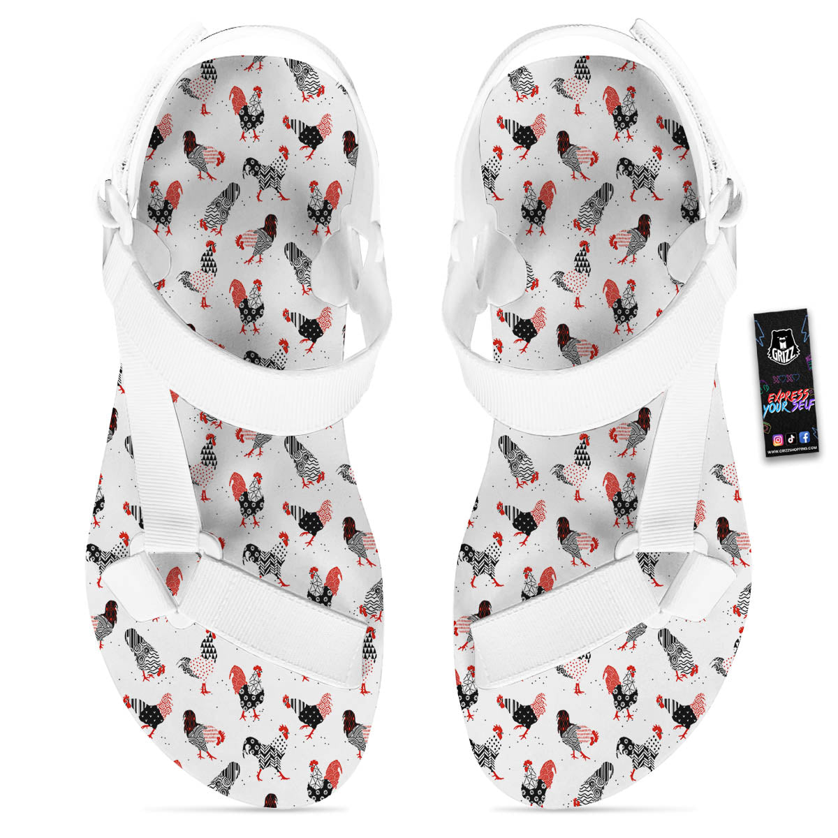 Rooster Chinese Print Pattern White Open Toe Sandals-grizzshop