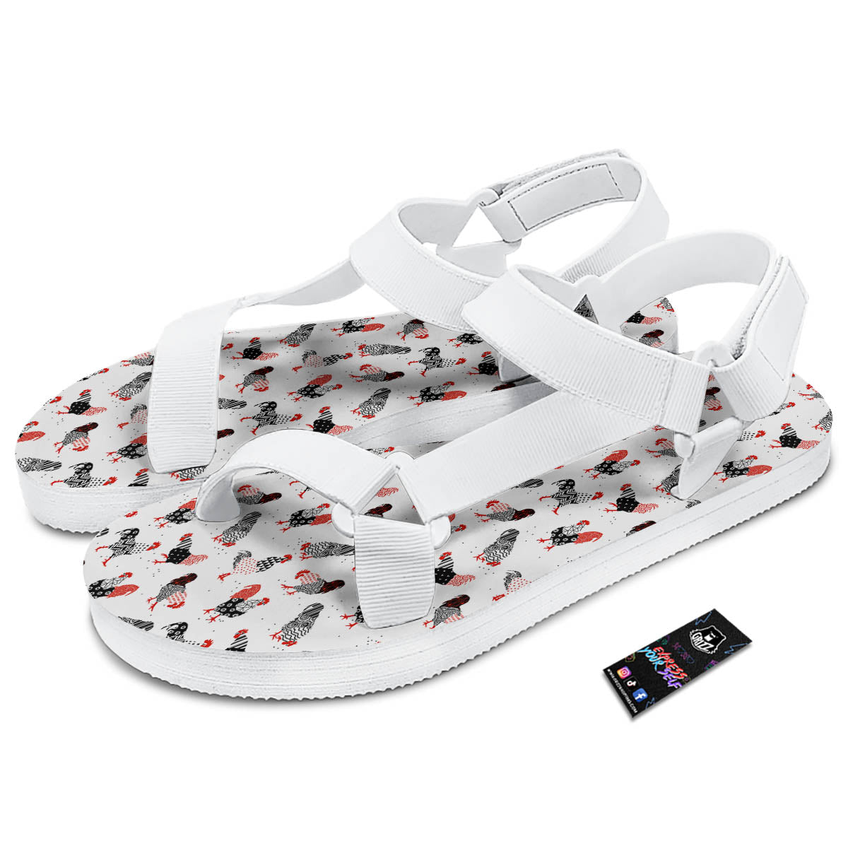 Rooster Chinese Print Pattern White Open Toe Sandals-grizzshop