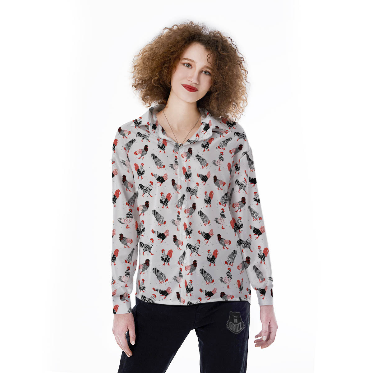 Rooster Chinese Print Pattern Women's Long Sleeve Shirts-grizzshop