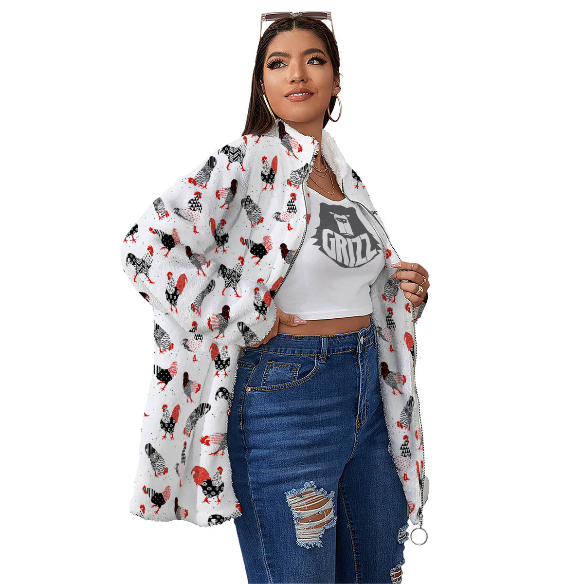 Rooster Chinese Print Pattern Women's Sherpa Jacket-grizzshop