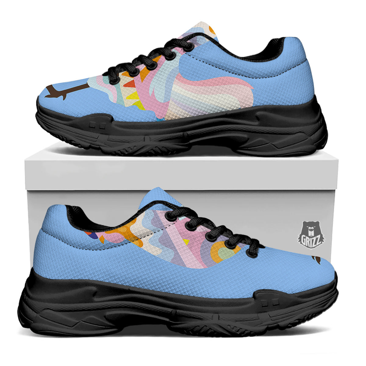 Rooster Colorful Print Black Chunky Shoes-grizzshop