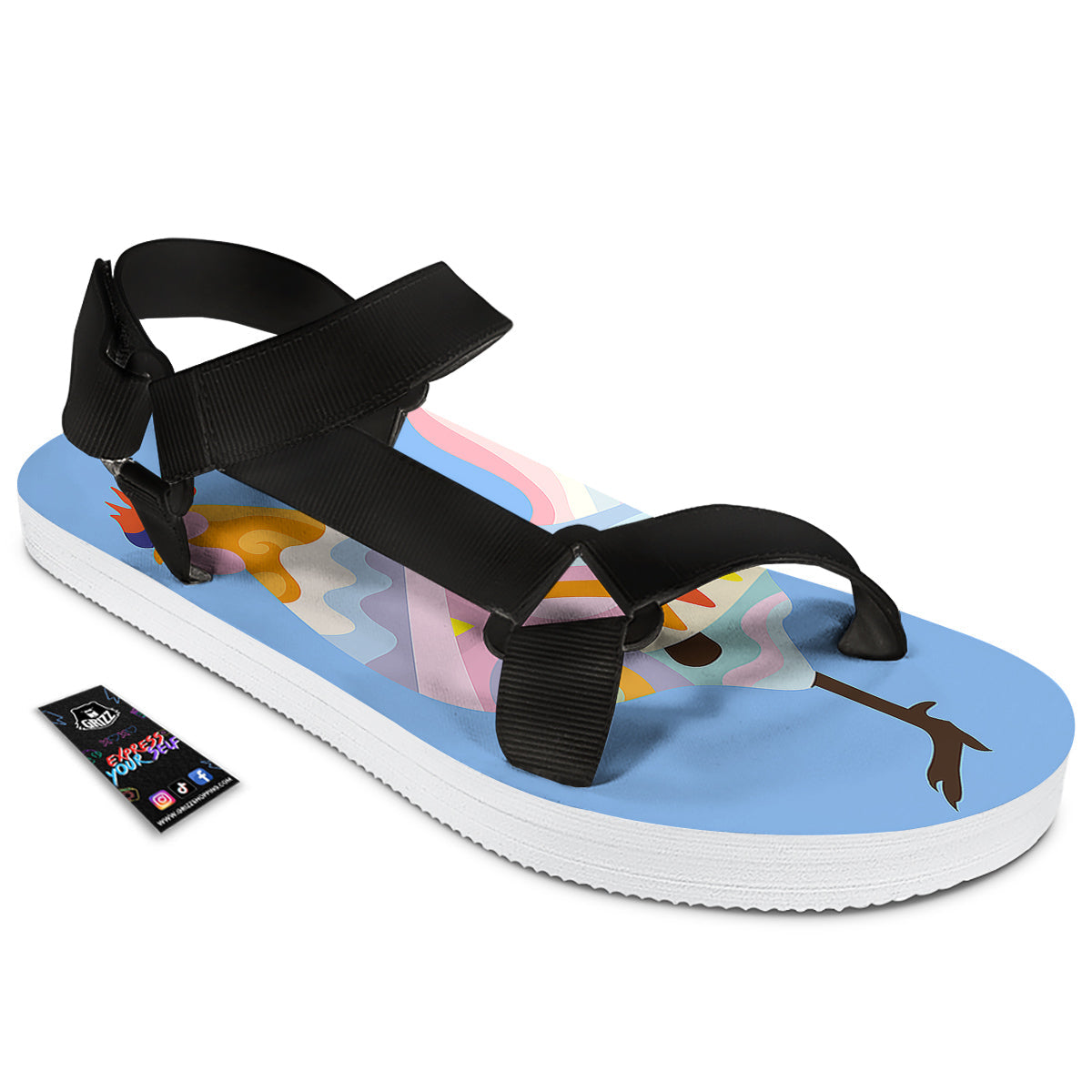 Rooster Colorful Print Black Open Toe Sandals-grizzshop