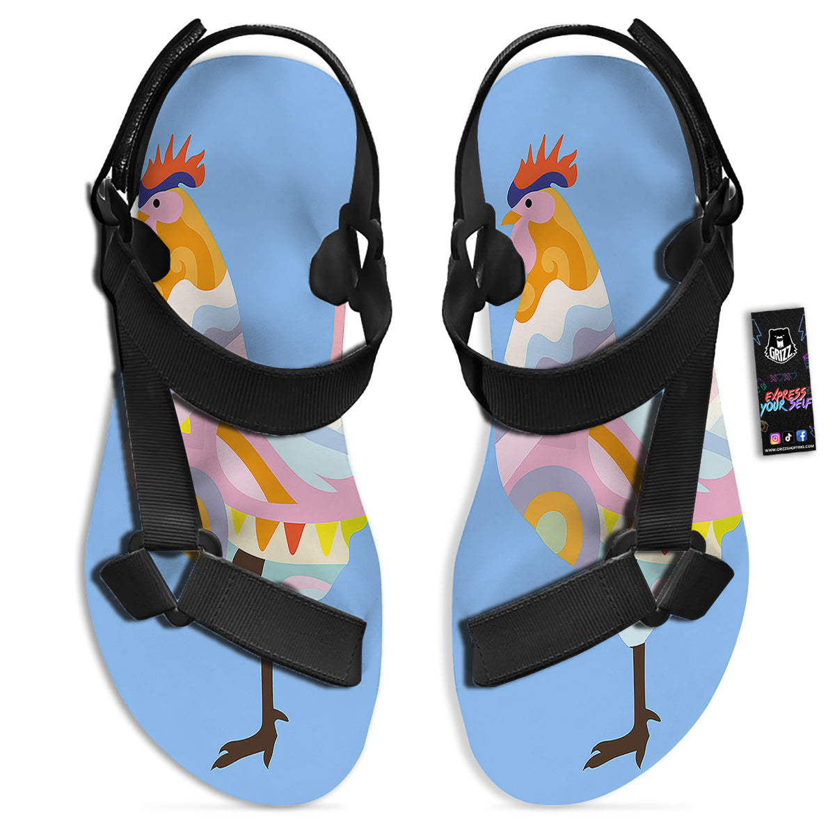 Rooster Colorful Print Black Open Toe Sandals-grizzshop