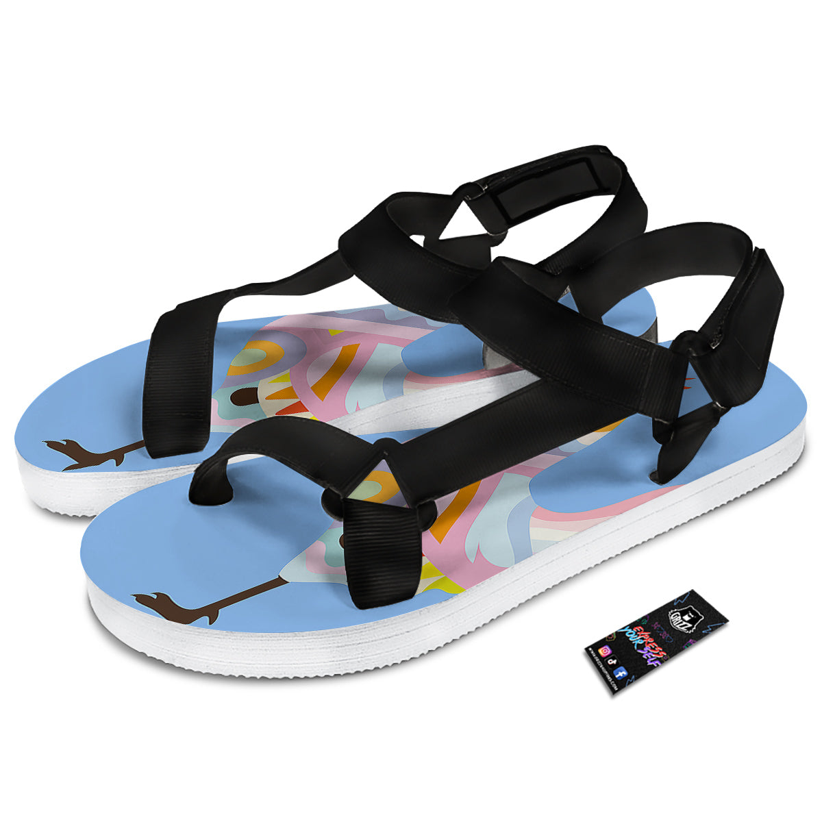 Rooster Colorful Print Black Open Toe Sandals-grizzshop