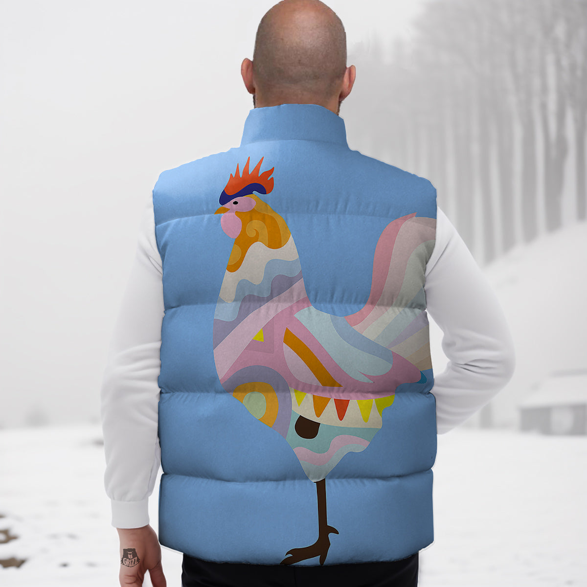 Rooster Colorful Print Down Vest