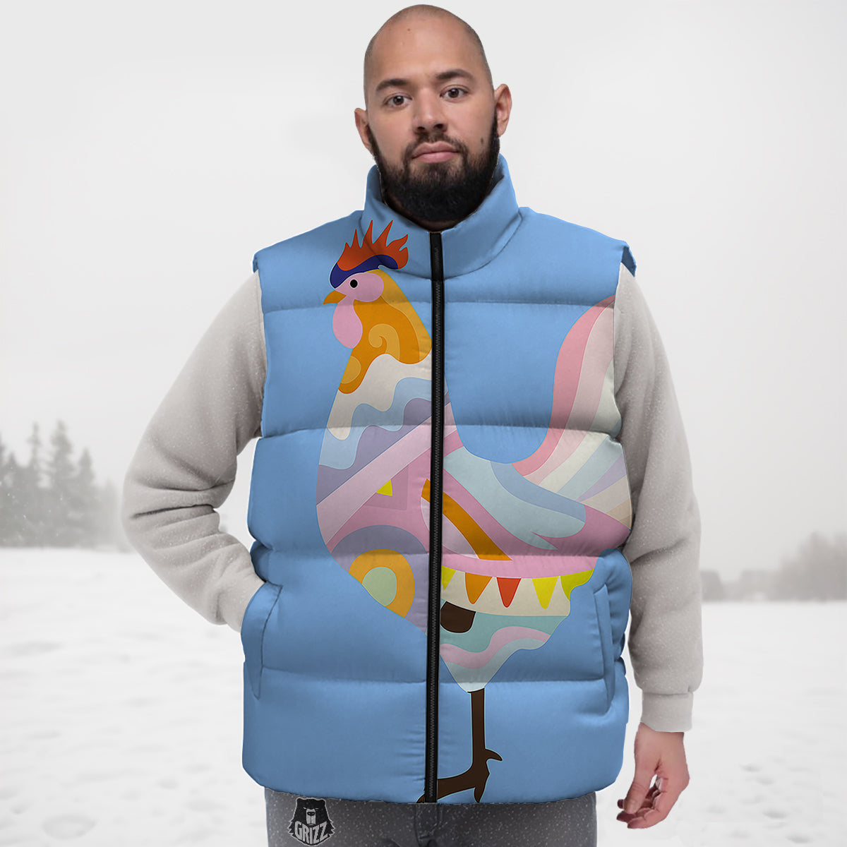 Rooster Colorful Print Down Vest