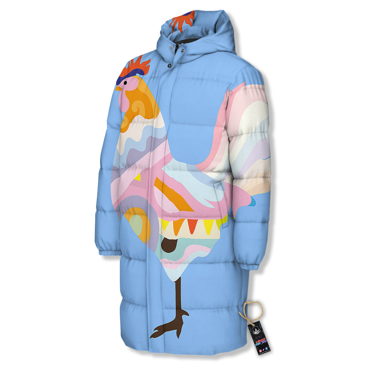 Rooster Colorful Print Long Down Jacket-grizzshop
