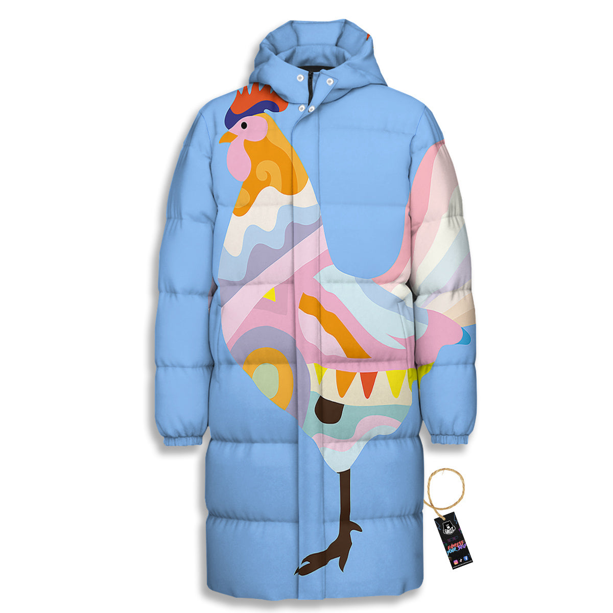 Rooster Colorful Print Long Down Jacket-grizzshop
