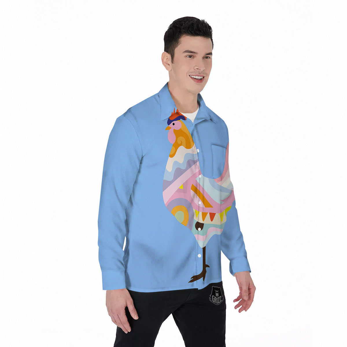 Rooster Colorful Print Men's Long Sleeve Shirts-grizzshop