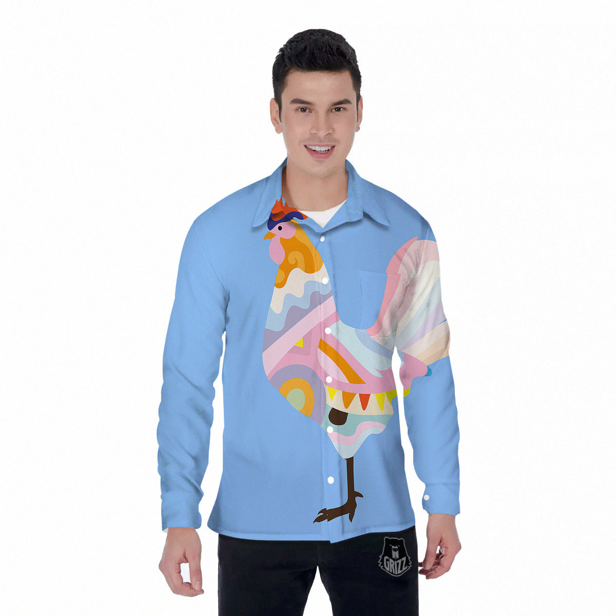 Rooster Colorful Print Men's Long Sleeve Shirts-grizzshop