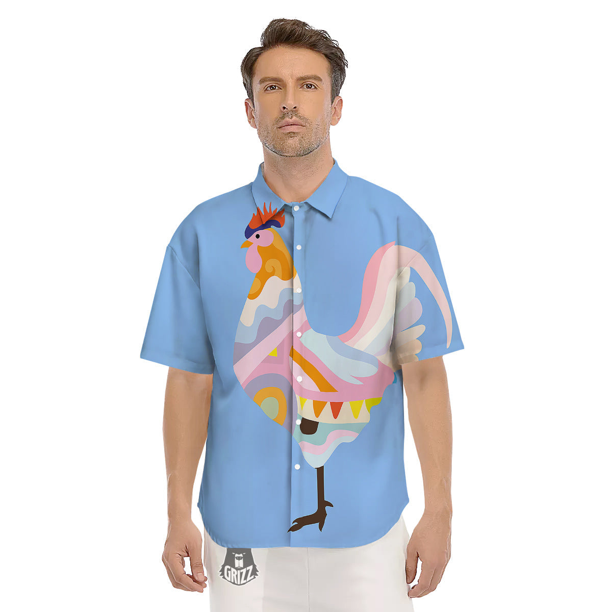 Rooster Colorful Print Men's Short Sleeve Shirts-grizzshop
