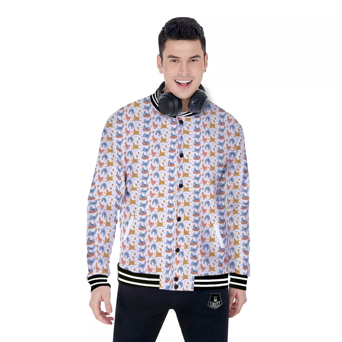 Rooster Colorful Print Pattern Baseball Jacket-grizzshop