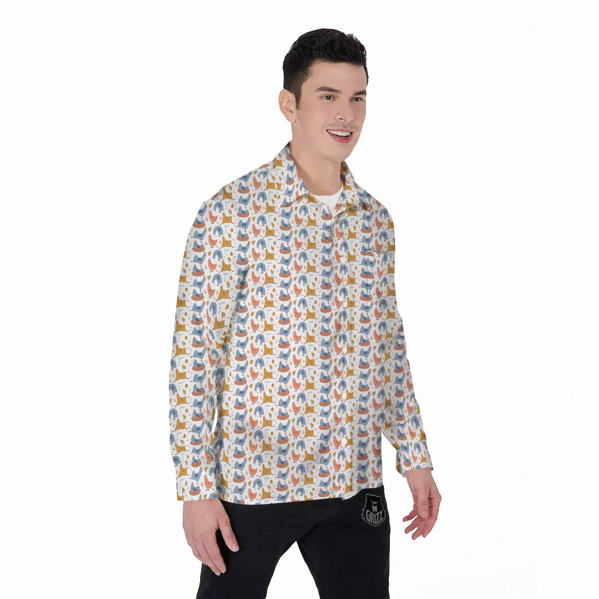 Rooster Colorful Print Pattern Men's Long Sleeve Shirts-grizzshop