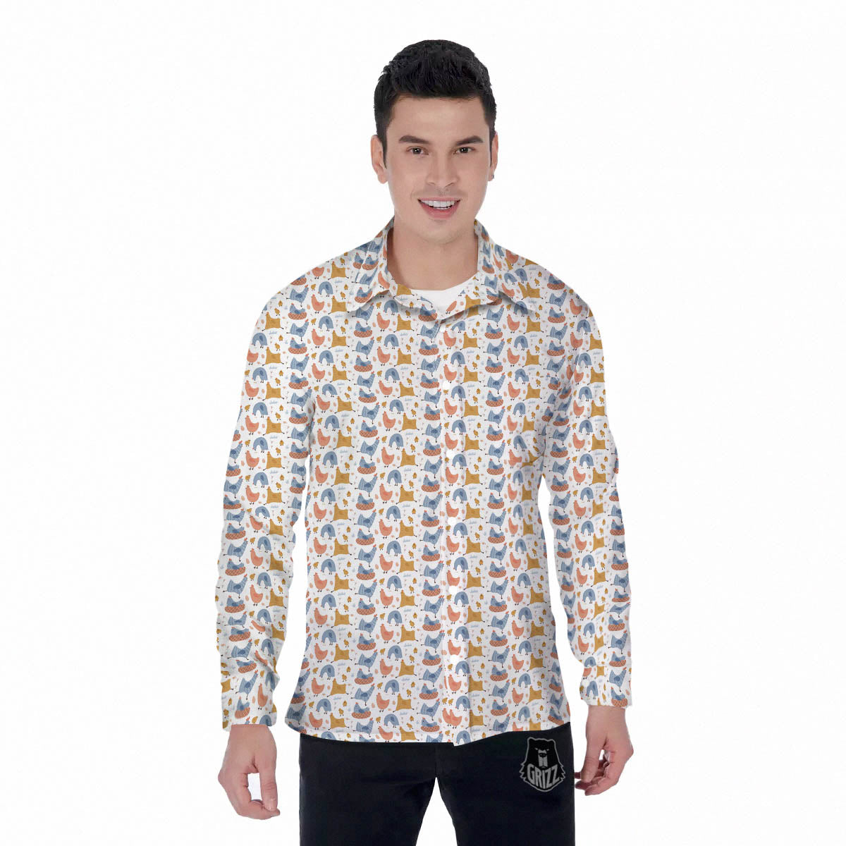 Rooster Colorful Print Pattern Men's Long Sleeve Shirts-grizzshop