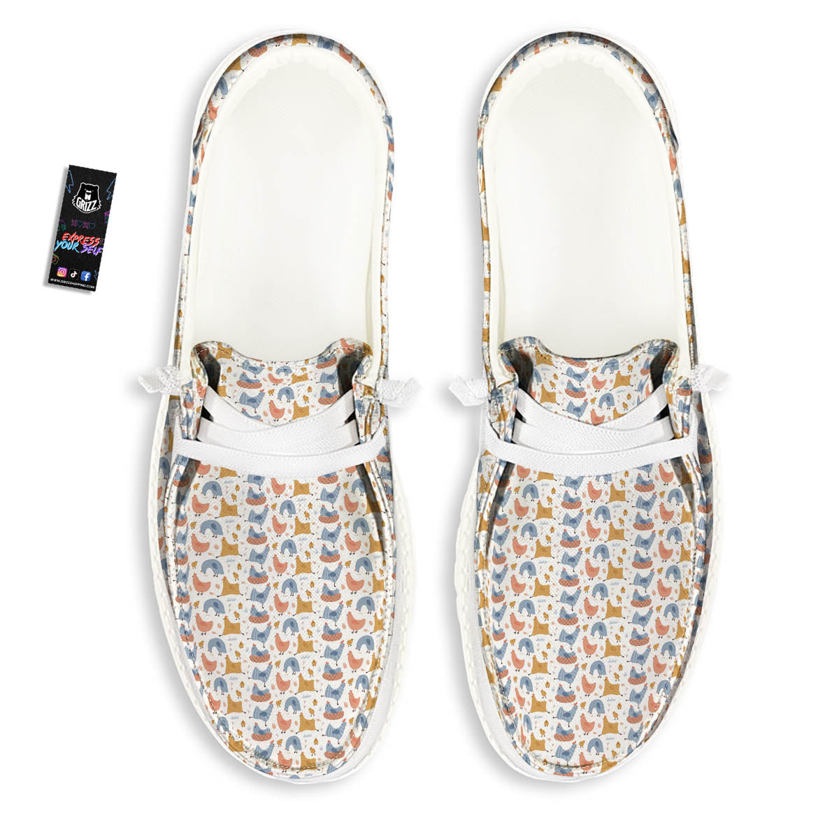 Rooster Colorful Print Pattern White Loafers-grizzshop