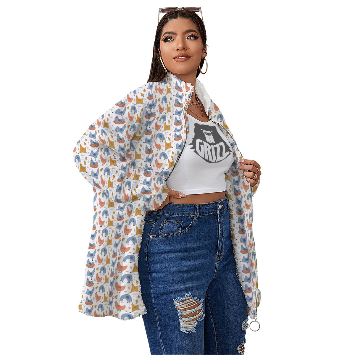 Rooster Colorful Print Pattern Women's Sherpa Jacket-grizzshop