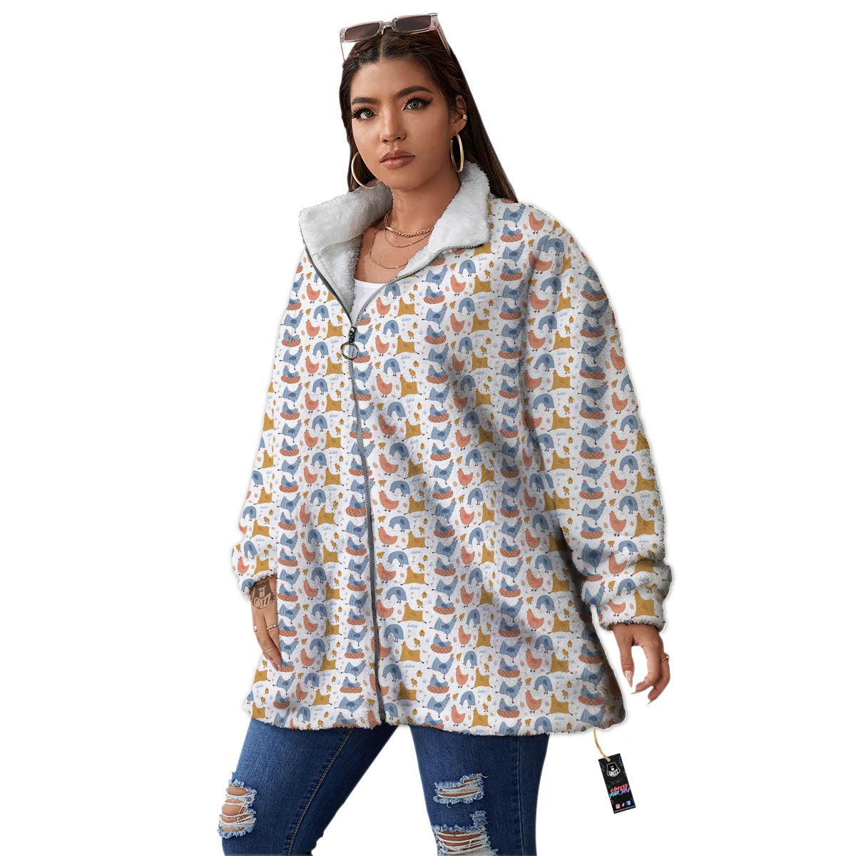 Rooster Colorful Print Pattern Women's Sherpa Jacket-grizzshop
