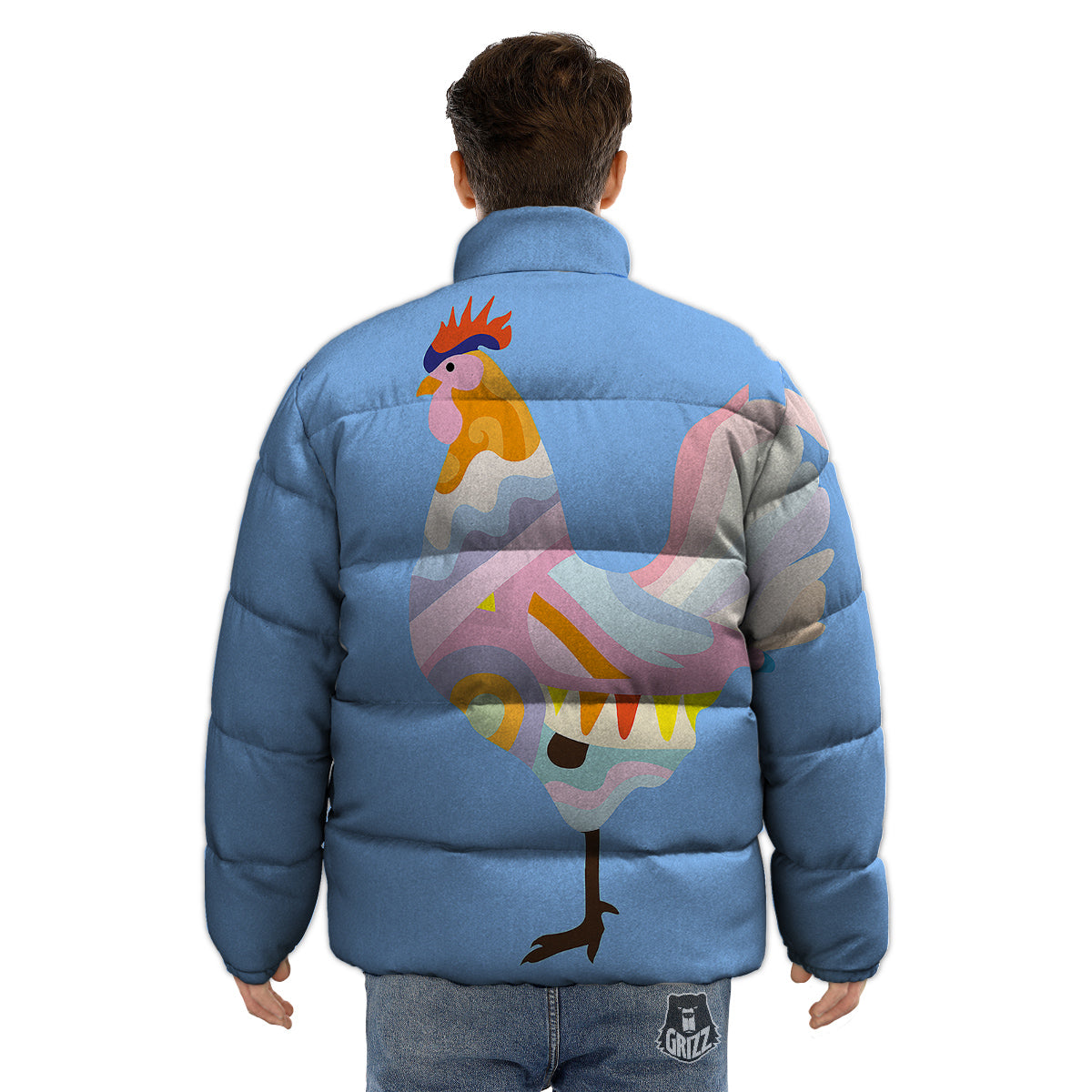 Rooster Colorful Print Puffer Jacket-grizzshop