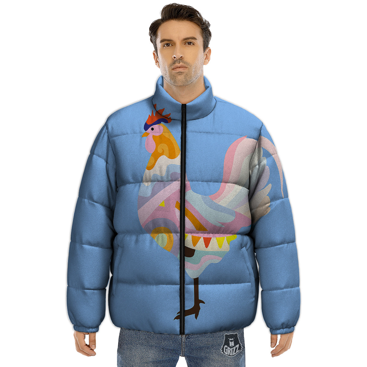 Rooster Colorful Print Puffer Jacket-grizzshop