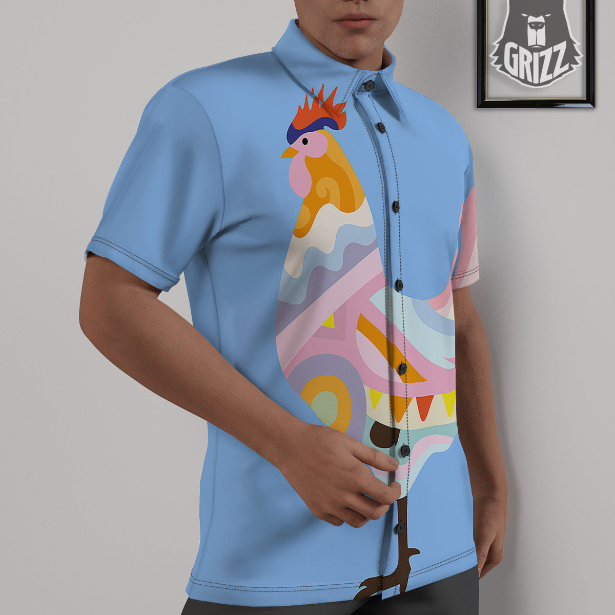 Rooster Colorful Print Untucked Shirts-grizzshop