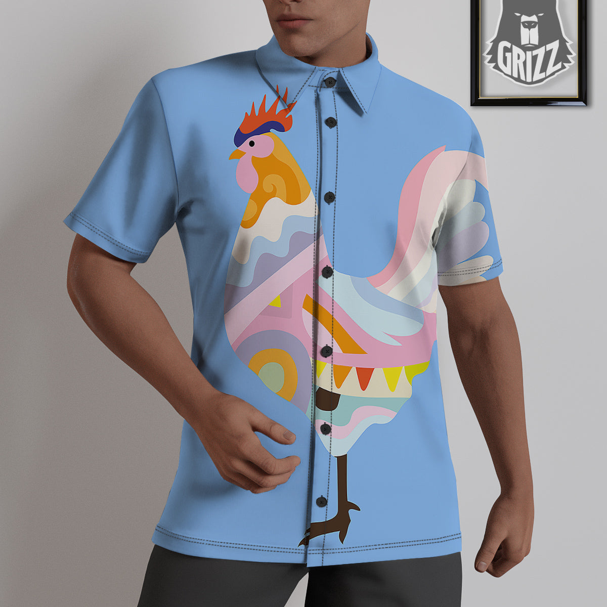 Rooster Colorful Print Untucked Shirts-grizzshop