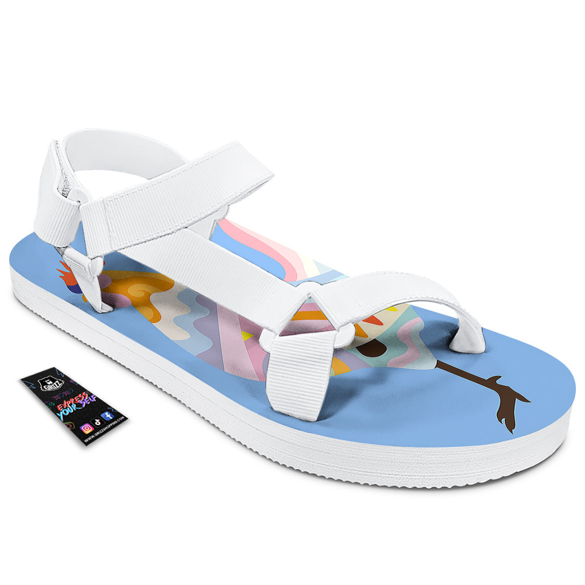 Rooster Colorful Print White Open Toe Sandals-grizzshop