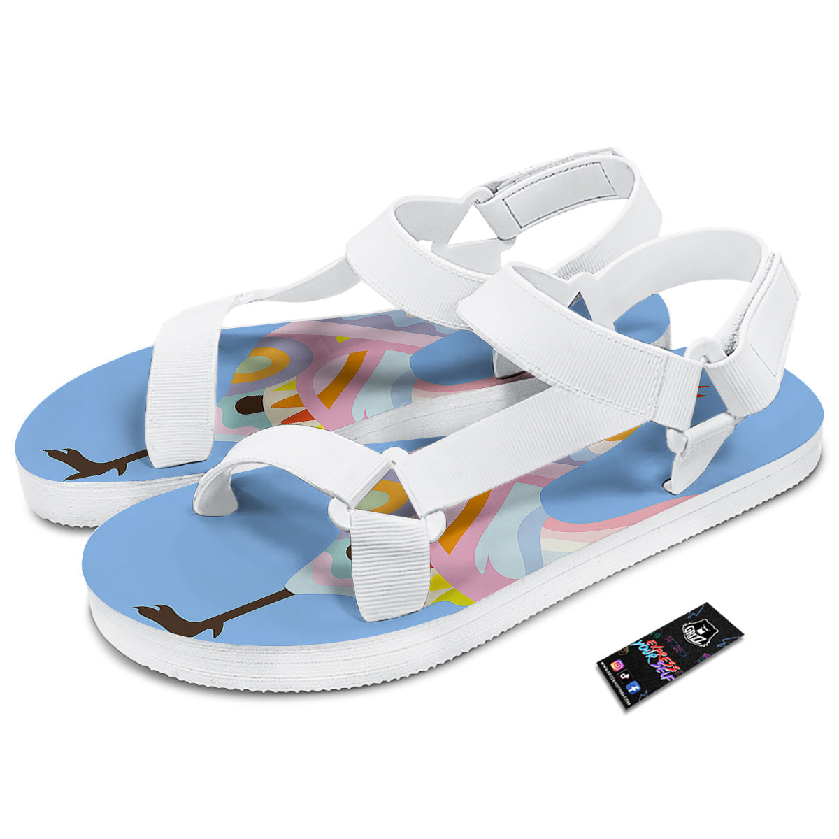 Rooster Colorful Print White Open Toe Sandals-grizzshop