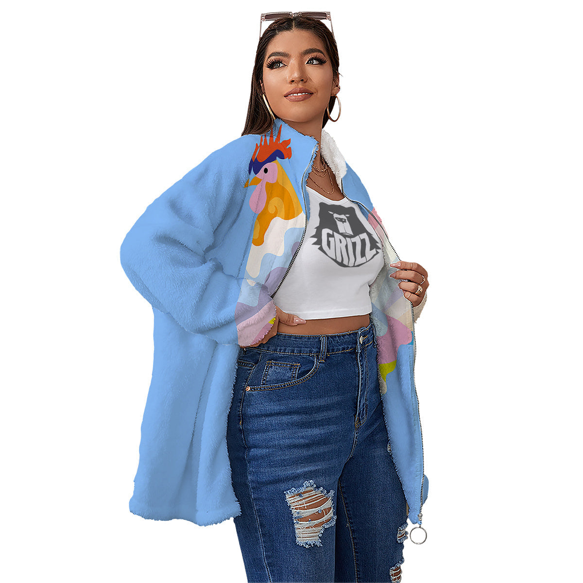 Rooster Colorful Print Women's Sherpa Jacket-grizzshop