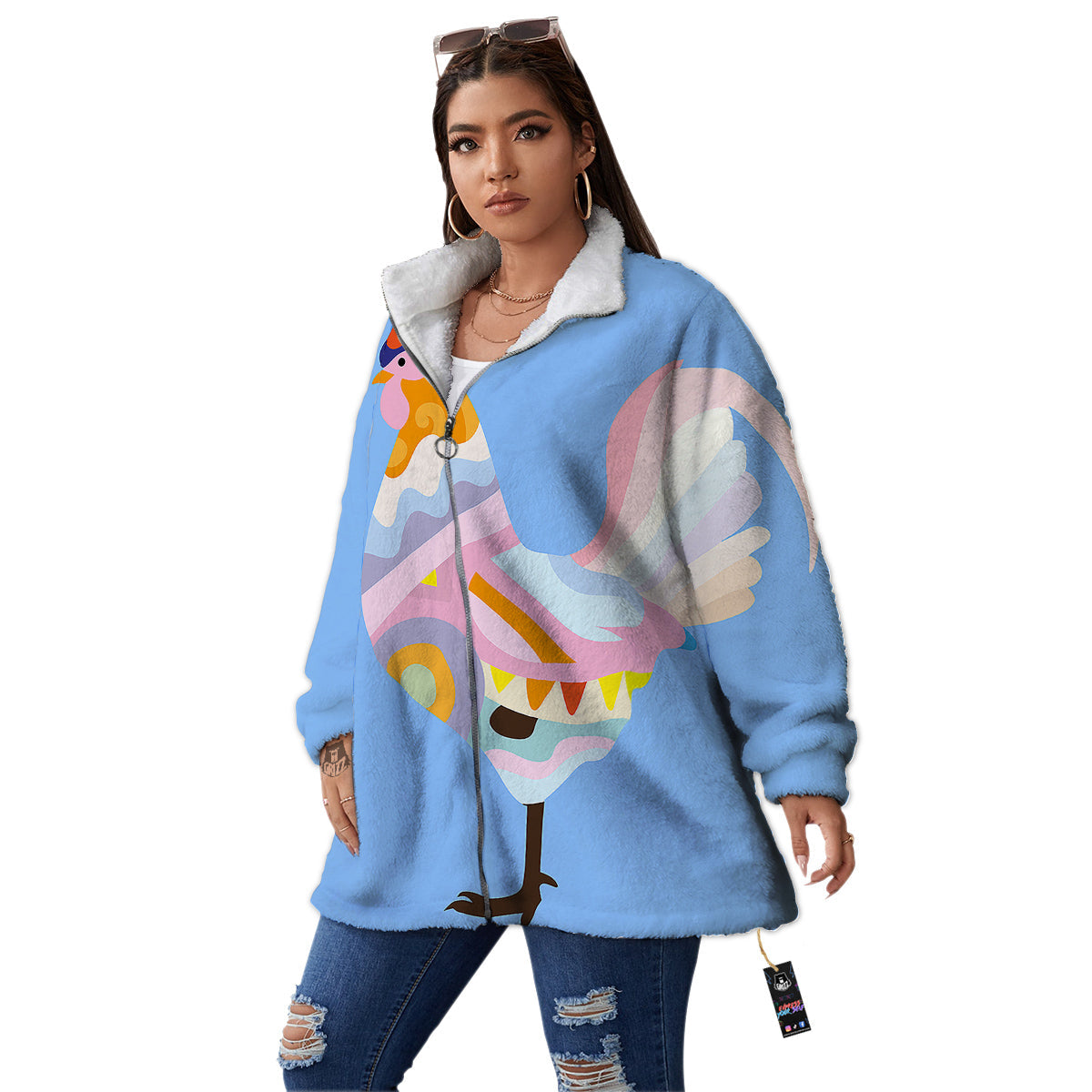 Rooster Colorful Print Women's Sherpa Jacket-grizzshop