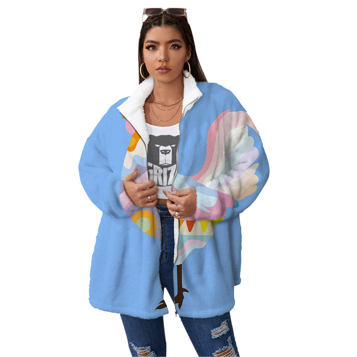 Rooster Colorful Print Women's Sherpa Jacket-grizzshop
