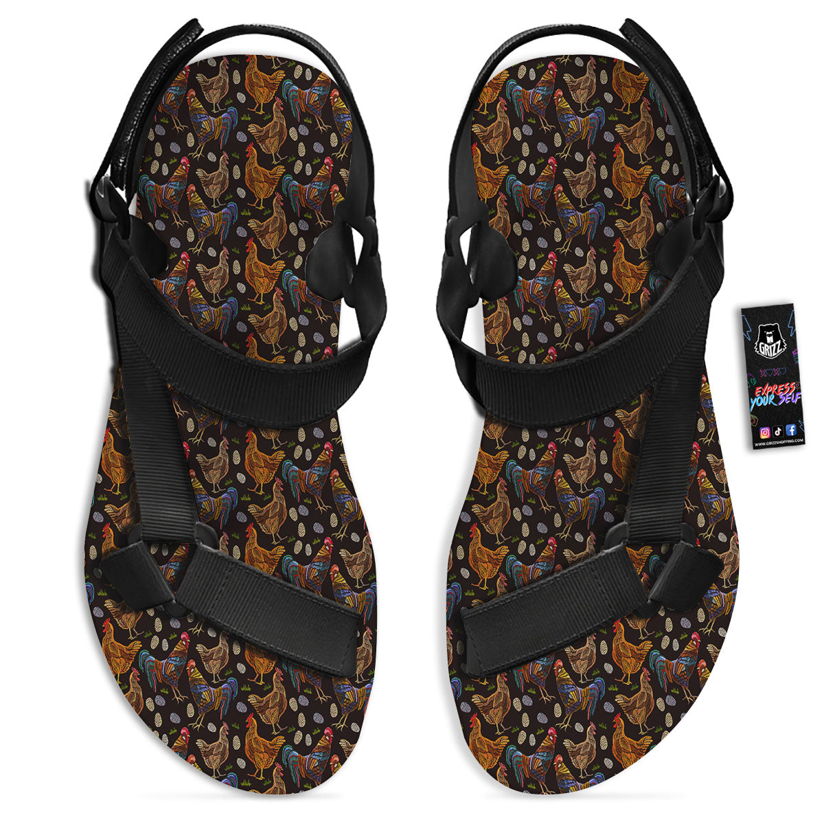 Rooster Embroidery Print Pattern Black Open Toe Sandals-grizzshop