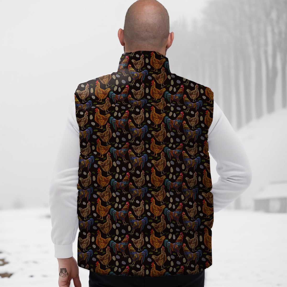 Rooster Embroidery Print Pattern Down Vest