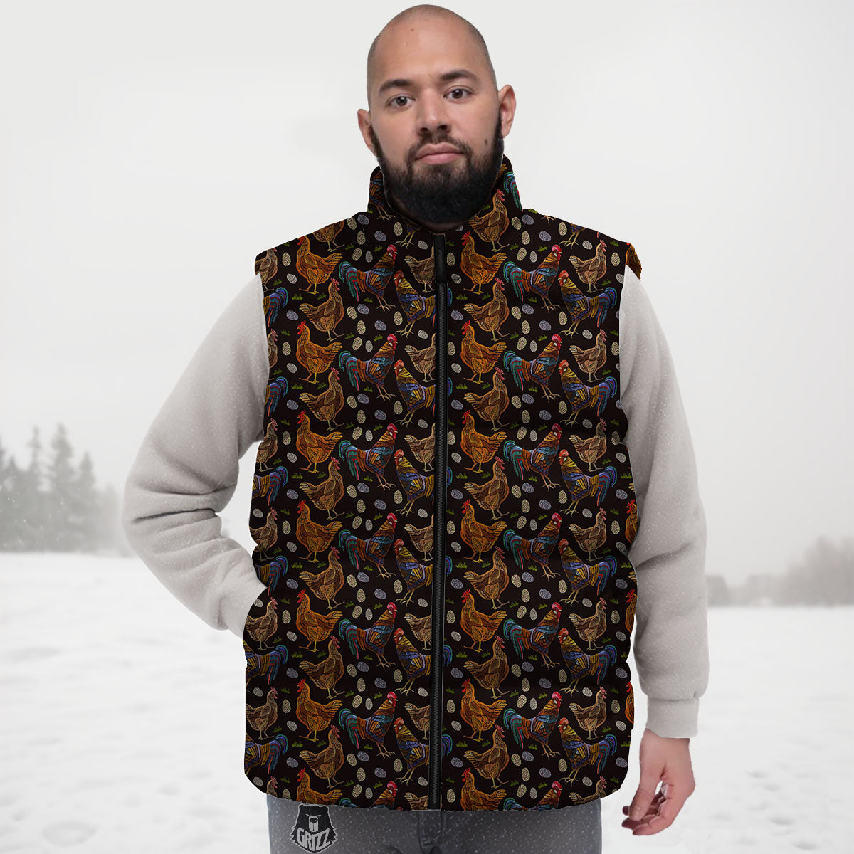 Rooster Embroidery Print Pattern Down Vest