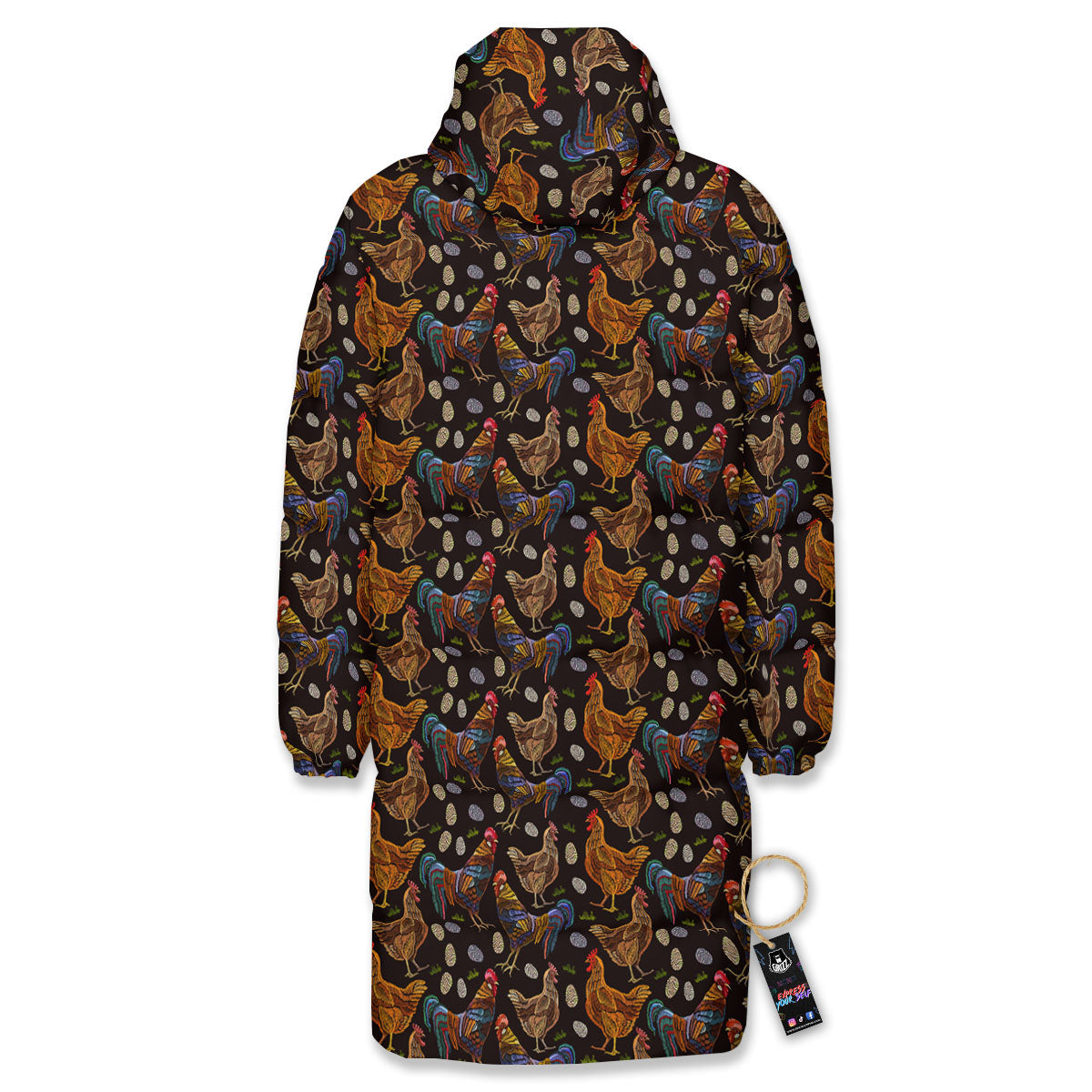 Rooster Embroidery Print Pattern Long Down Jacket-grizzshop