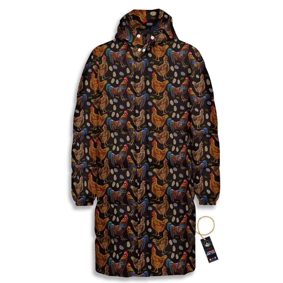 Rooster Embroidery Print Pattern Long Down Jacket-grizzshop